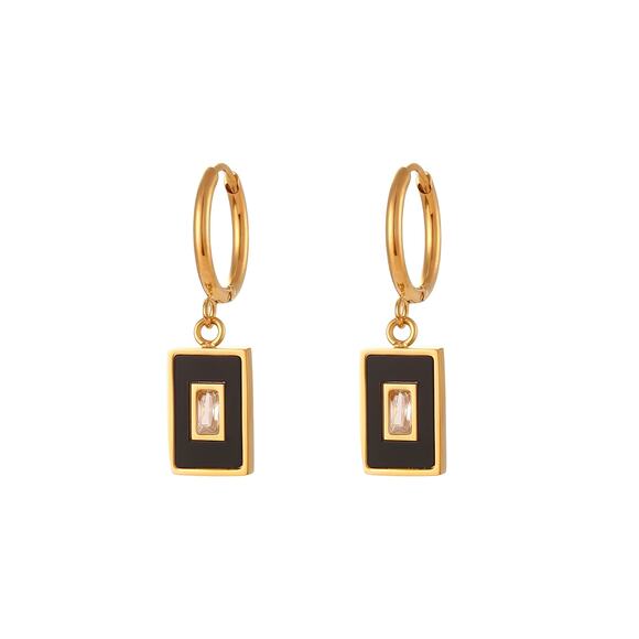 Black Vintage Style Acrylic Pendant Earrings 18K Gold Plated Stainless Steel - Picture 5 of 11